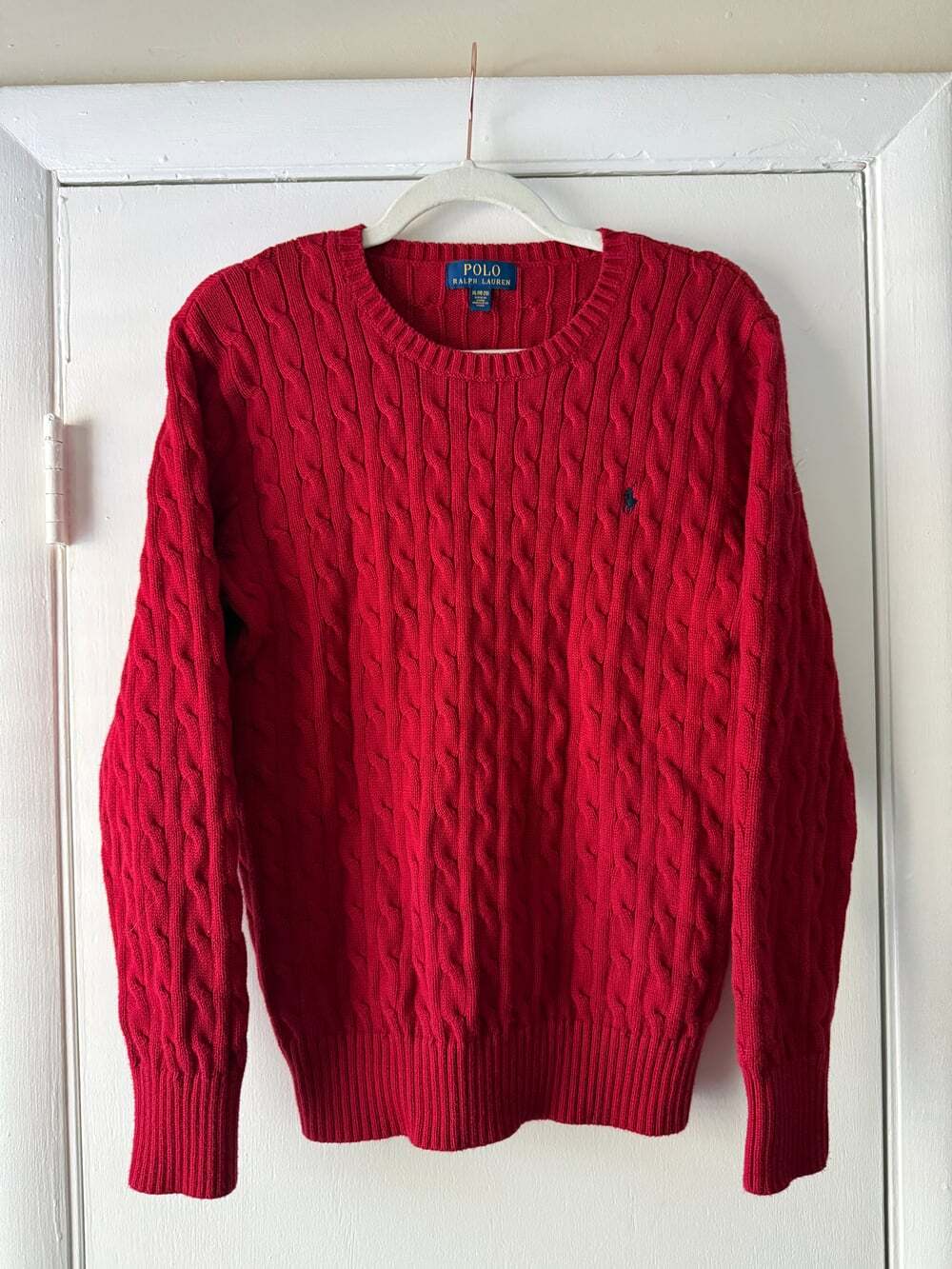 Polo Ralph Lauren Red Cable Knit Crewneck Sweater Pony Logo Preppy Pullover